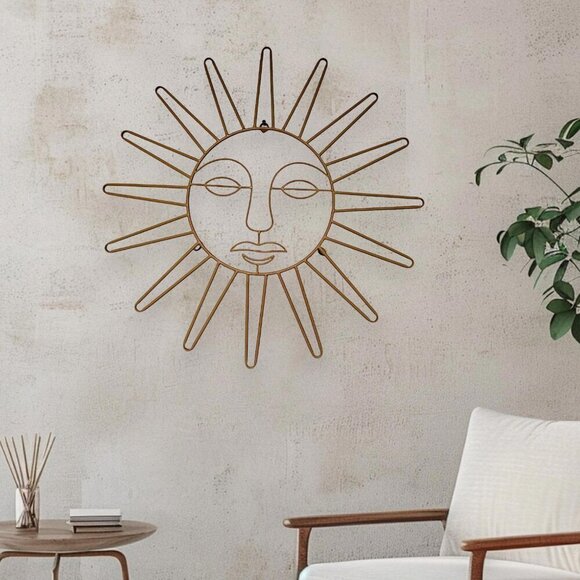 Large Metal Sun Wall Decor Wall Art 23 Inch Sun Tan Metal Celestial Sun Face GUC - Picture 1 of 6
